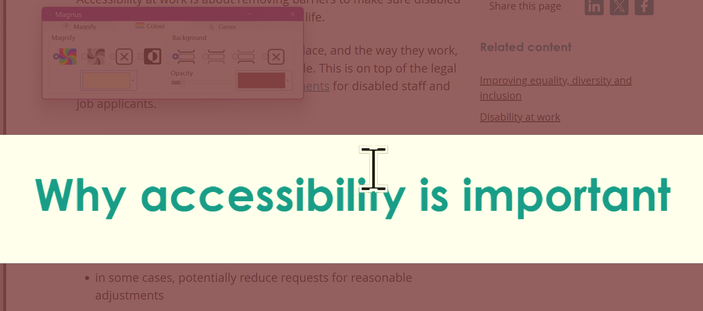 Sensory Magnus ruler magnification mode showing accessible text on a webpage