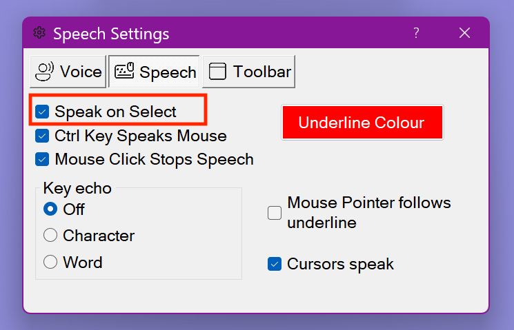 Speak on Select setting