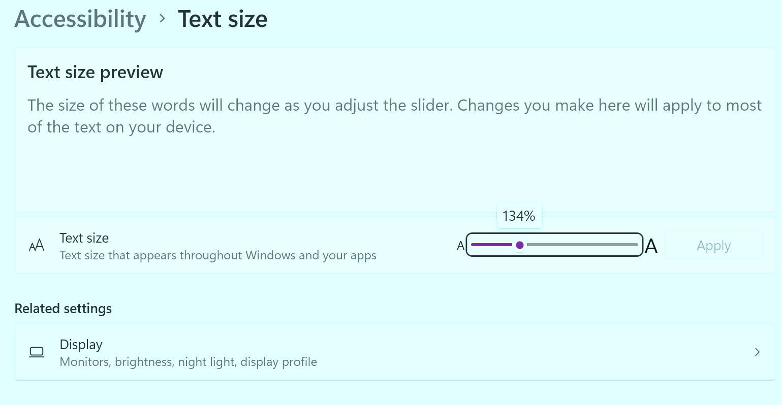 Windows text size settings