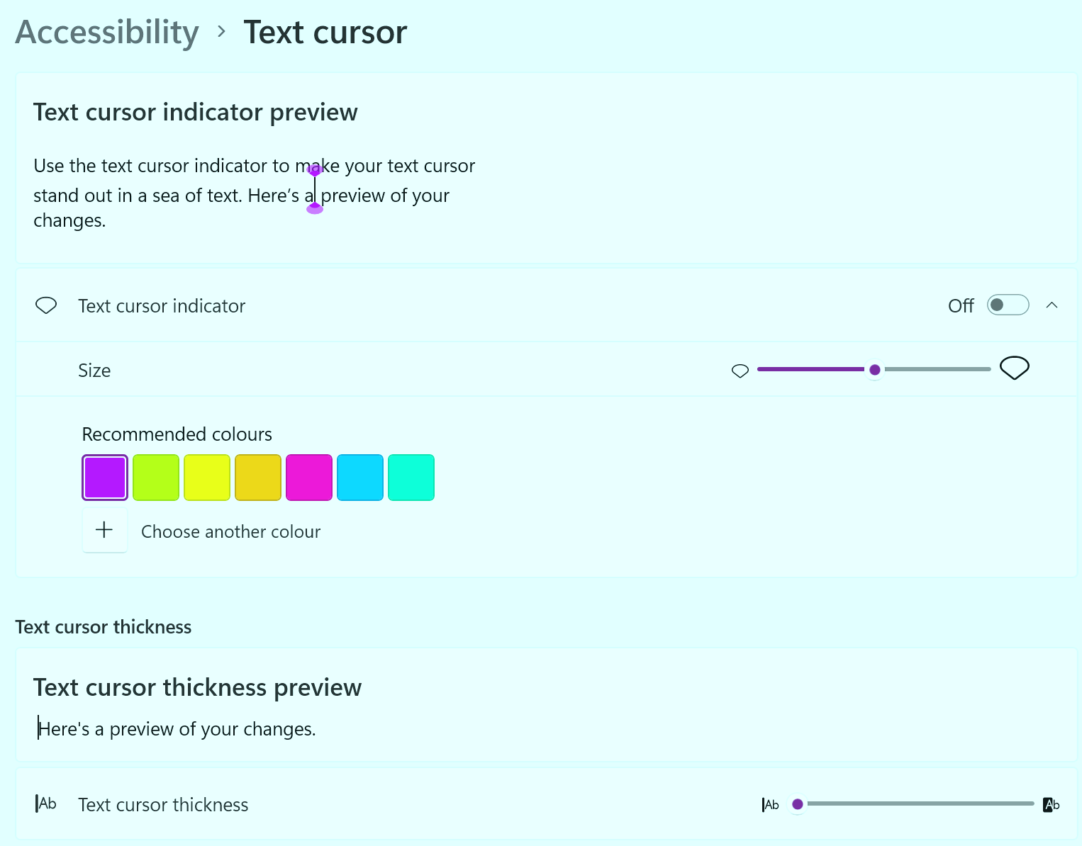 Windows text cursor settings